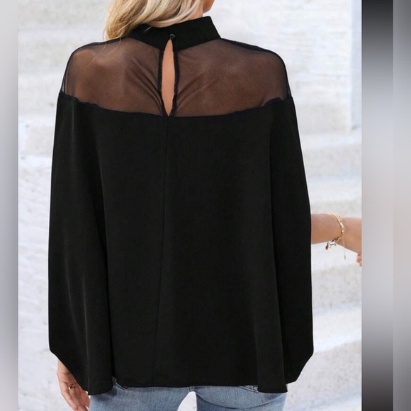 New Chic Sheer Shoulder Mock Neck Flowy Blouse Top Black - Picture 3 of 6